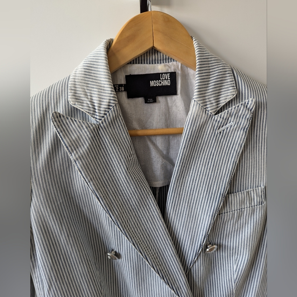 LOVE MOSCHINO Distressed Blue and White Striped Cotton Blazer US Size 2